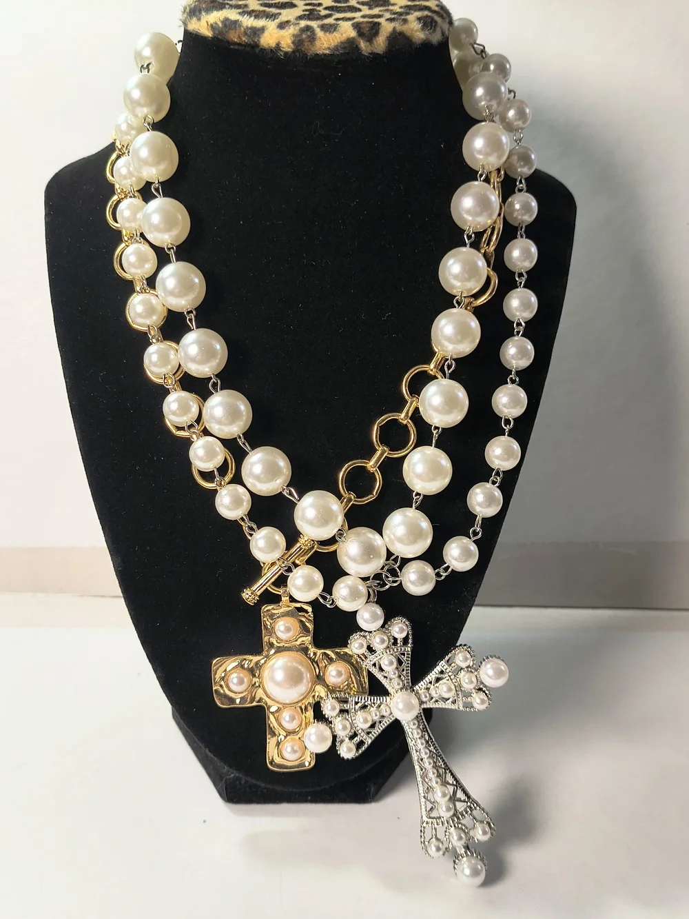 NWOT Two Gold and Pearl Beaded Cross Pendant Necklaces - Picture 1 of 8